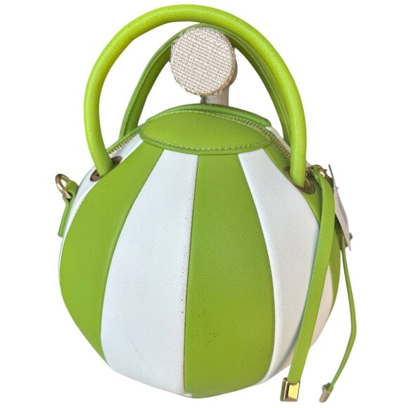 Round Green & White Striped Purse Handbag w/Dual Green Shopper Handles 9.5"-READ - Picture 1 of 13